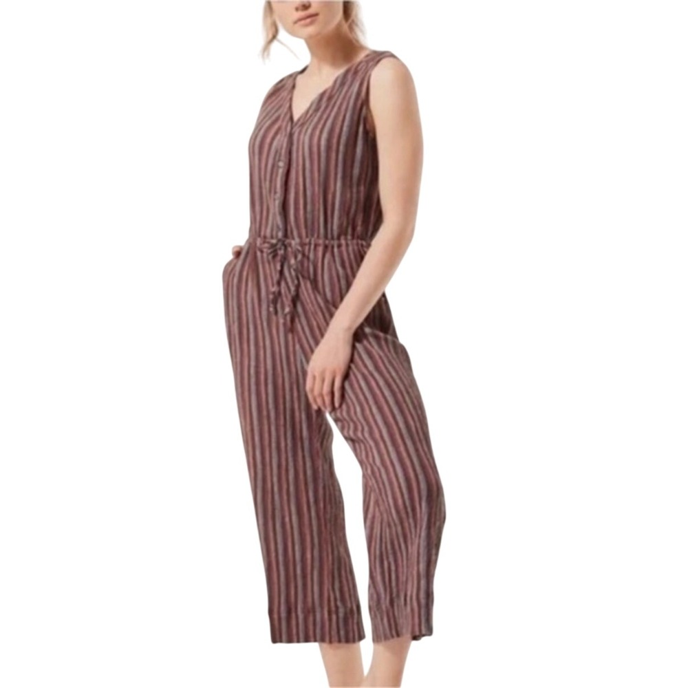 Pact Organic Cotton Stripe Sleeveless Tie Waist Wide Leg Jumpsuit Women's Medium